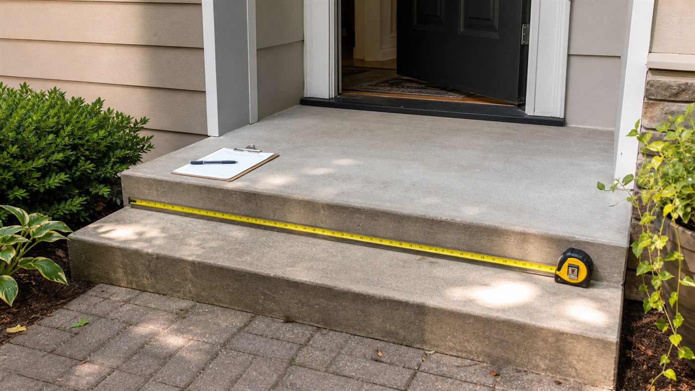 Front entry step with tape measure and clipboard for ramp planning